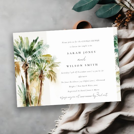 Invitation Douche de couple aux palmiers aquarelle chic tropi
