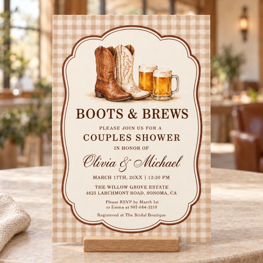 Invitation Douche de couple Boots & Brews Gingham