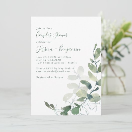 Invitation Douche de Couple Botanique Rustique Eucalyptus (Debout devant)