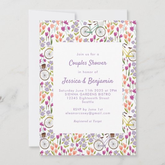 Invitation Douche de Couple Chic Écriture Florale Vélo Bohème (Devant)