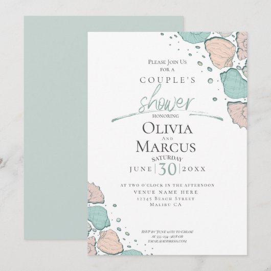 Invitation Douche de couple | Coquillages de plage Corail et (Devant / Derrière)