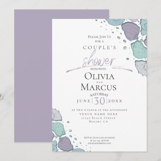 Invitation Douche de couple | Coquillages de plage Lilac Dust (Devant / Derrière)