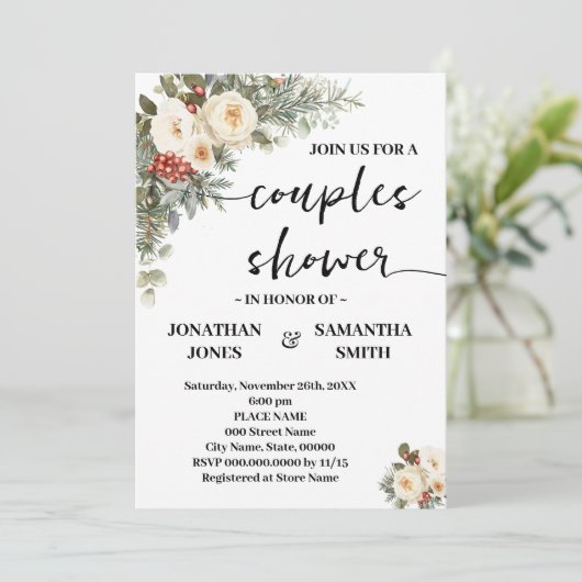 Invitation Douche de Couple Fleurs Blanches d'Hiver (Debout devant)