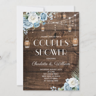 Invitation Douche de Couple Floral Bleu Rustique
