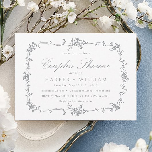 Invitation Douche de couple Floral Classique Gris Argenté Fra