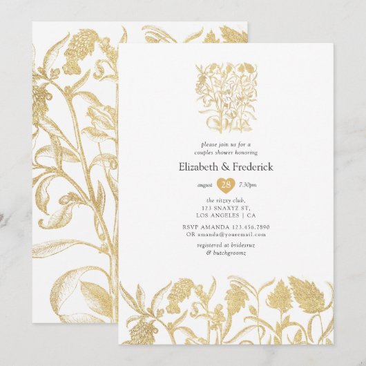 Invitation Douche de couple florale chic or (Devant / Derrière)