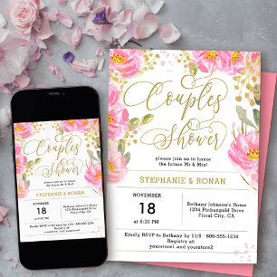 Invitation Douche de Couple Florale Rose et Or Élégante