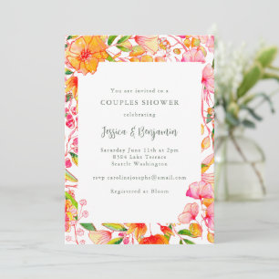 Invitation Douche de couple florale rose orange vibrante élég