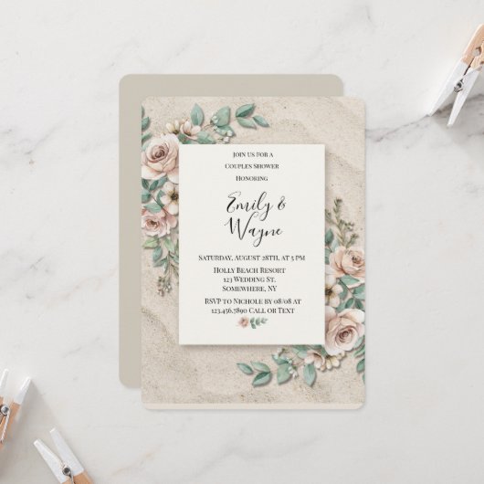 Invitation Douche de couple Florale Vert Sage de Sable (Devant/Arrière en situation)