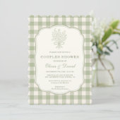 Invitation Douche de couple Gingham Vert Sauge Ruban Floral (Debout devant)