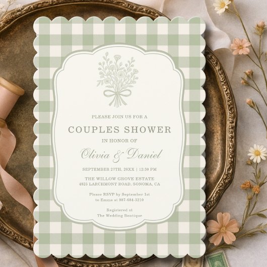 Invitation Douche de couple Gingham Vert Sauge Ruban Floral