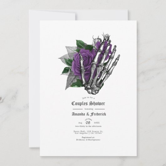Invitation Douche de couple gothique crâne floral pourpre (Devant)
