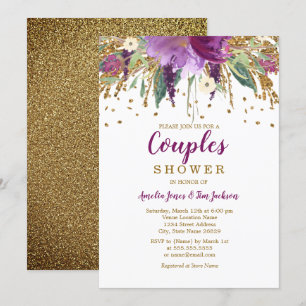 Invitation Douche de couple pailleté à fleurs violettes scint