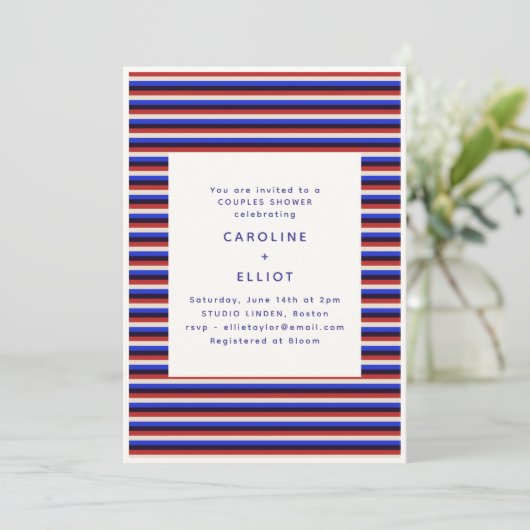Invitation Douche de couple rayure rouge blanc bleu rétro (Debout devant)