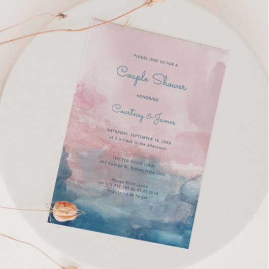 Invitation Douche de couple rose et bleu Aquarelle