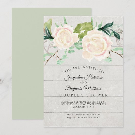Invitation Douche de Couple Rustique Bois Aquarelle Roses Ivo (Devant / Derrière)