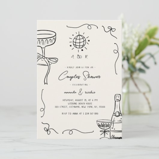 Invitation Douche de couples dessinés à la main avec fantaisi (Debout devant)