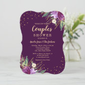 Invitation Douche de couples Fleur Pourpre Or Aquarelle (Debout devant)