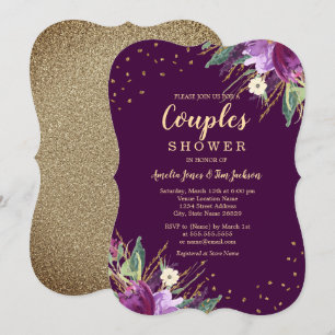 Invitation Douche de couples Fleur Pourpre Or Aquarelle