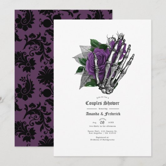 Invitation Douche de couples gothiques crâne floral pourpre (Devant / Derrière)