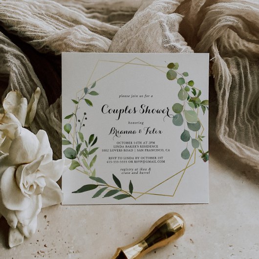 Invitation Douche de Couples Vert Tropical Géométrique Or