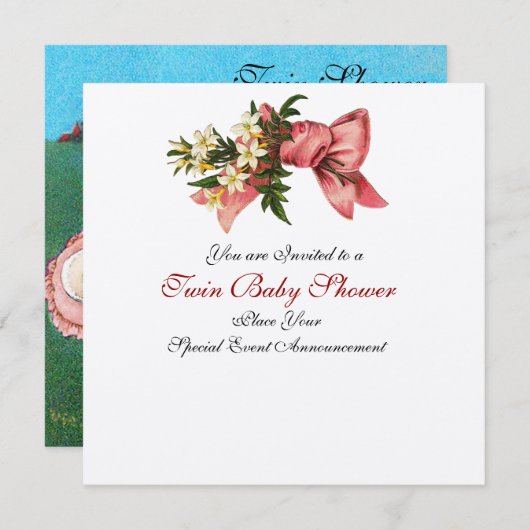 Invitation DOUCHE DE FILLE STORK TWIN BABY, champagne métalli (Devant / Derrière)