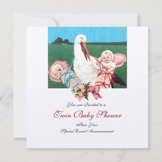 Invitation DOUCHE DE FILLE STORK TWIN BABY, champagne métalli (Devant)