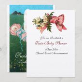 Invitation DOUCHE DE FILLE STORK TWIN BABY, champagne métalli (Devant / Derrière)