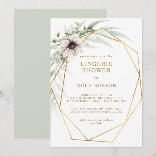 Invitation Douche de lingerie géométrique or eucalyptus (Devant / Derrière)