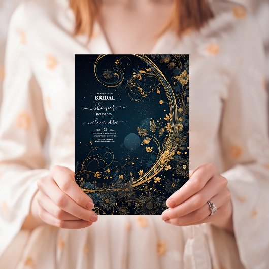 Invitation Douche de Mariage Céleste Or de Minuit Bleu