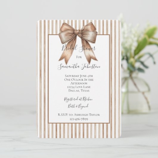 Invitation Douche de Mariage Cocoa Bow Marron Crème Rayures (Debout devant)