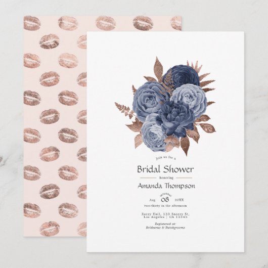 Invitation Douche de mariage florale bleue poudrée et or rose (Devant / Derrière)