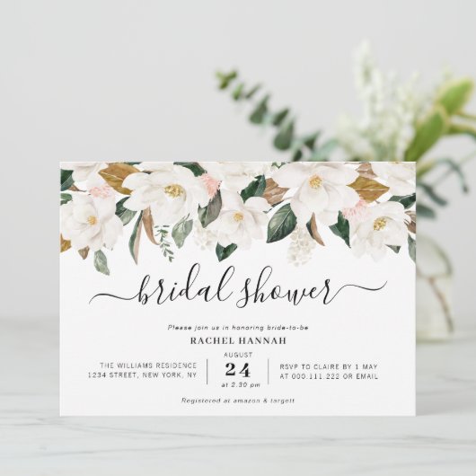 Invitation douche de mariée à fleurs magnolia (Debout devant)