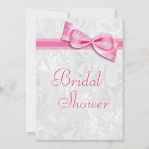 Invitation Douche de mariée blanc damassé et faux nœud rose