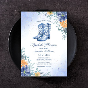 Invitation douche de mariée bottes de cowgirl bleues fleurs w