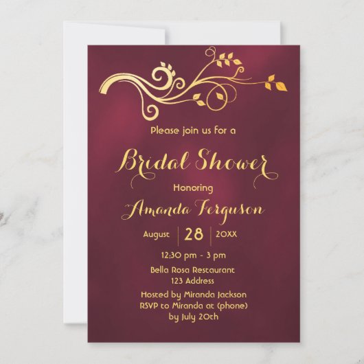 Invitation Douche de mariée classique en or bordeaux (Devant)