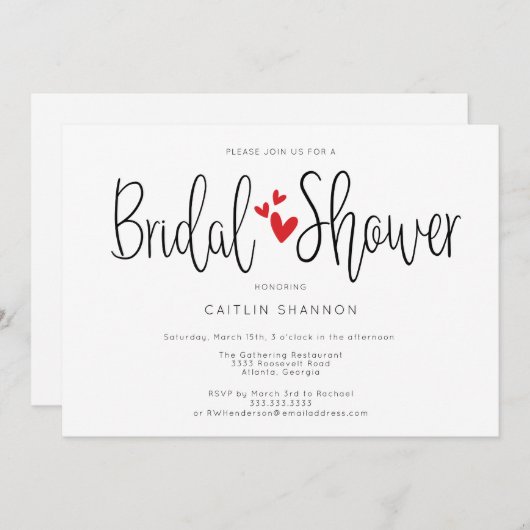 Invitation Douche de mariée coeurs rouges simples (Devant / Derrière)