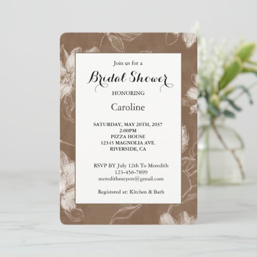 Invitation Douche de Mariée Fleurs Marron Crème Abstraites Ta (Debout devant)