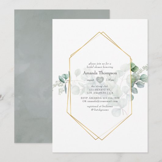 Invitation Douche de mariée géométrique à l'eucalyptus Silver (Devant / Derrière)