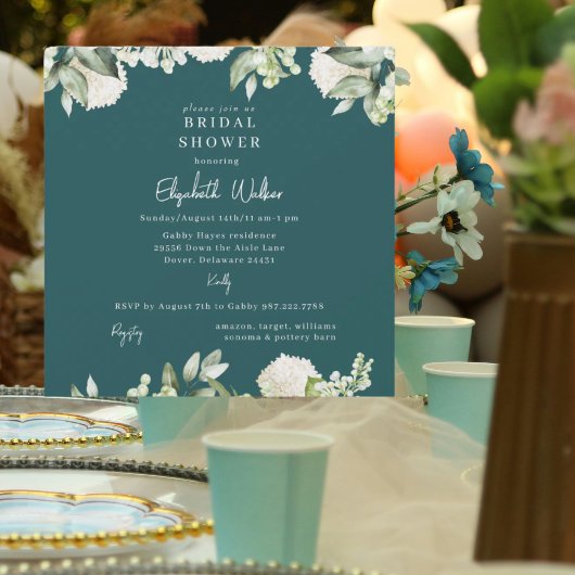 Invitation Douche de Mariée Hydrangea Blanc Bleu-vert Carré