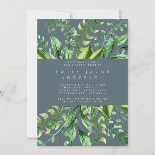 Invitation Douche de Mariée Moderne Acier Bleu avec Feuillage (Devant)