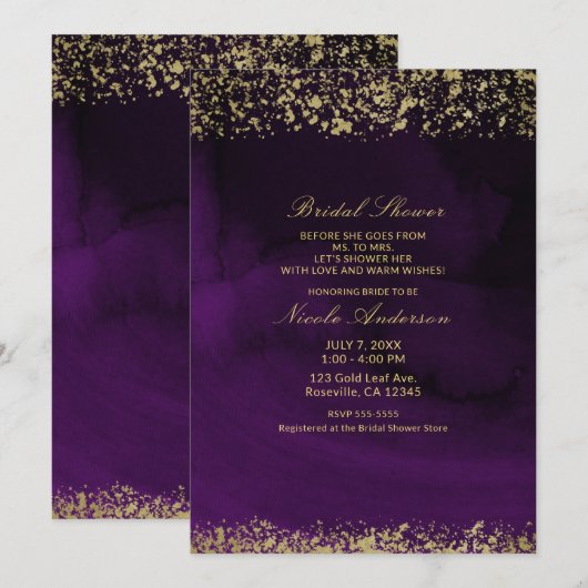 Invitation Douche de Mariée Moderne Aquarelle Tons Pourpre Or (Devant / Derrière)