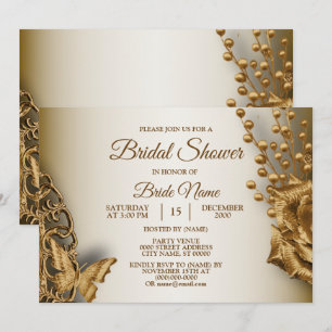 Invitation Douche de Mariée Papillon Floral Doré Vintage