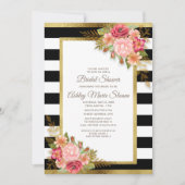 Invitation Douche de mariée rayures noires et blanches fleurs (Devant)