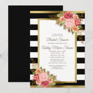 Invitation Douche de mariée rayures noires et blanches fleurs