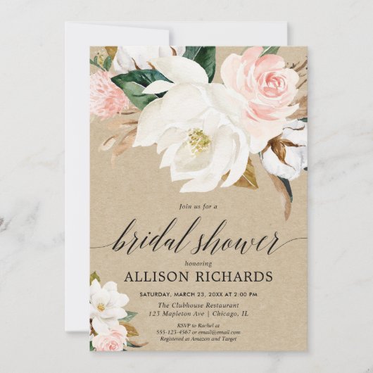 Invitation Douche de mariée rustique kraft rose vif magnolia (Devant)