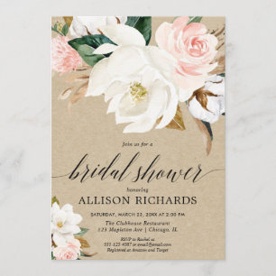 Invitation Douche de mariée rustique kraft rose vif magnolia