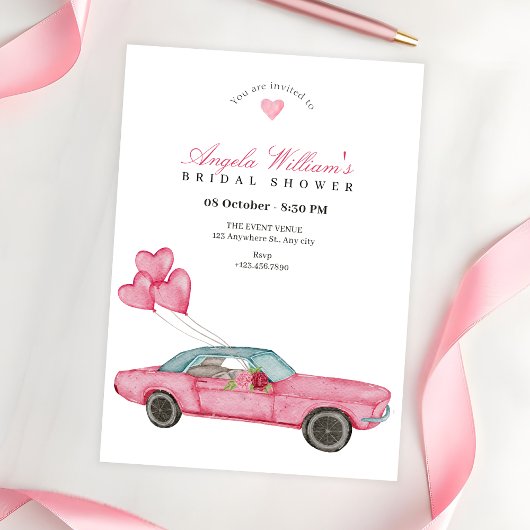 Invitation Douche de nage de voiture rose aquarelle