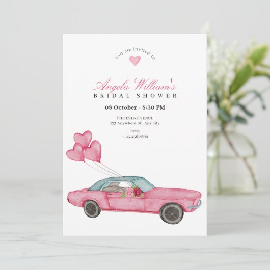Invitation Douche de nage de voiture rose aquarelle (Debout devant)