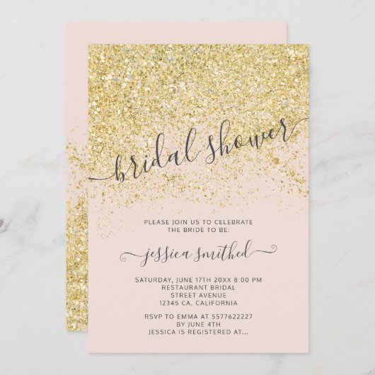 Invitation Douche de parties scintillant dorée rose brune (Devant / Derrière)